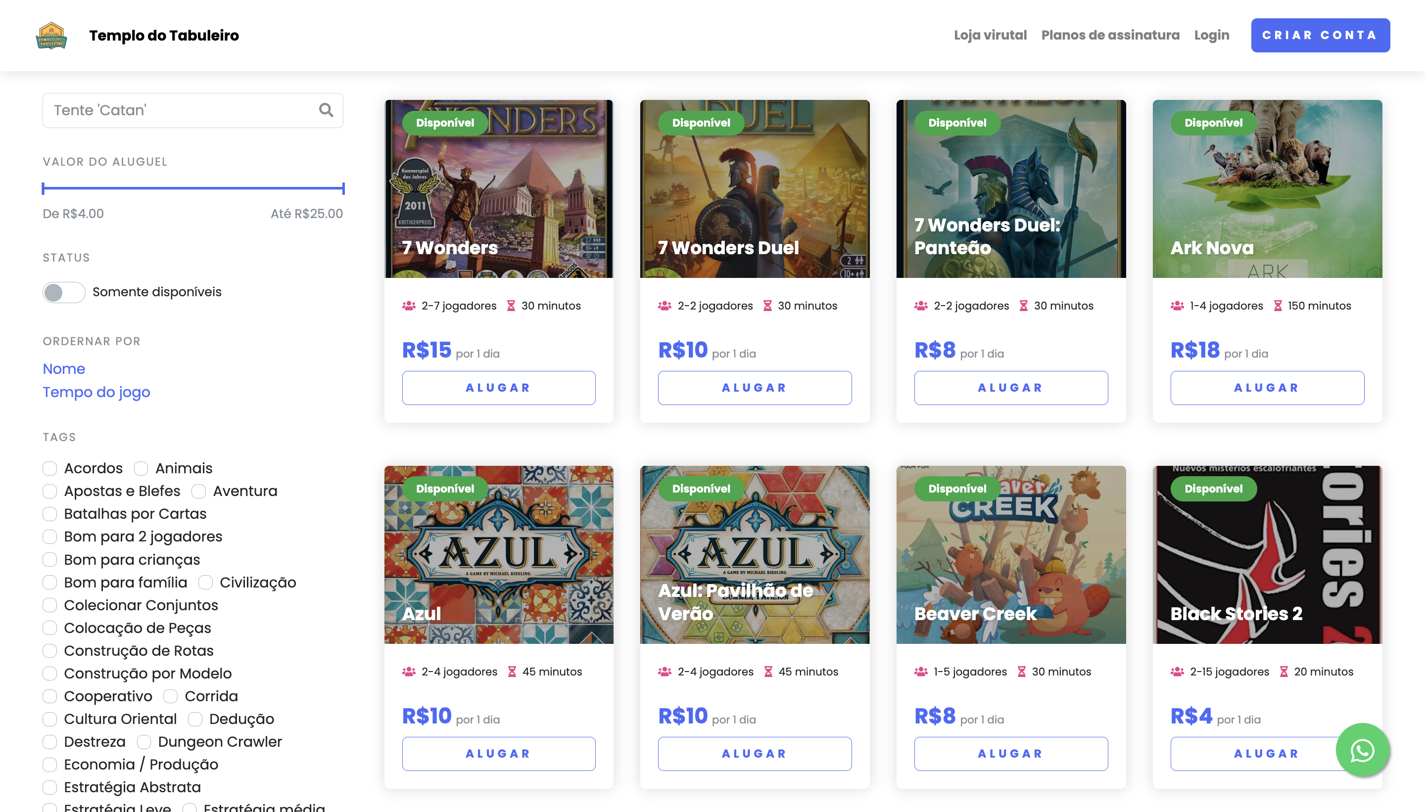 imagem do site com os jogos disponíveis para aluguel